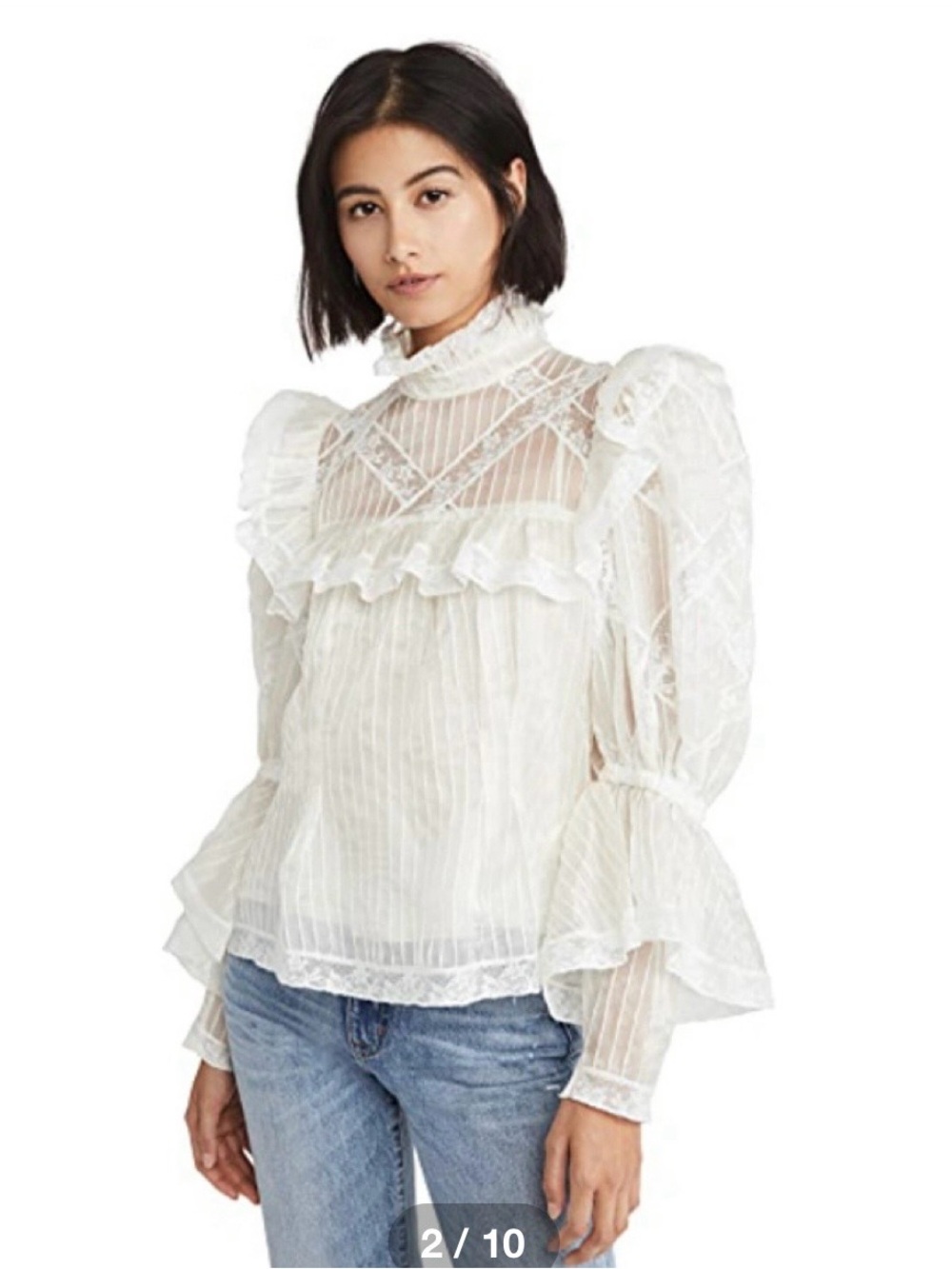 Marc Jacobs Runway Ivory Lace-Trim Ruffled Sheer Blouse with Flare Sleeves